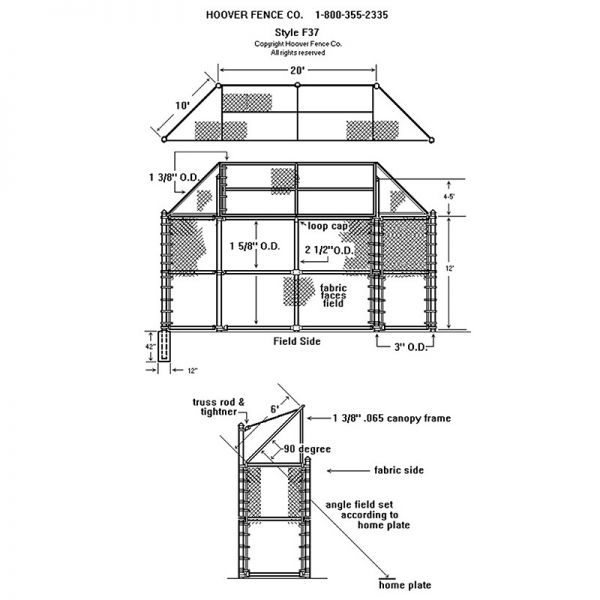 Hoover Fence F-37 Backstop Kit, 20' wide, 10' wings, 6' canopy