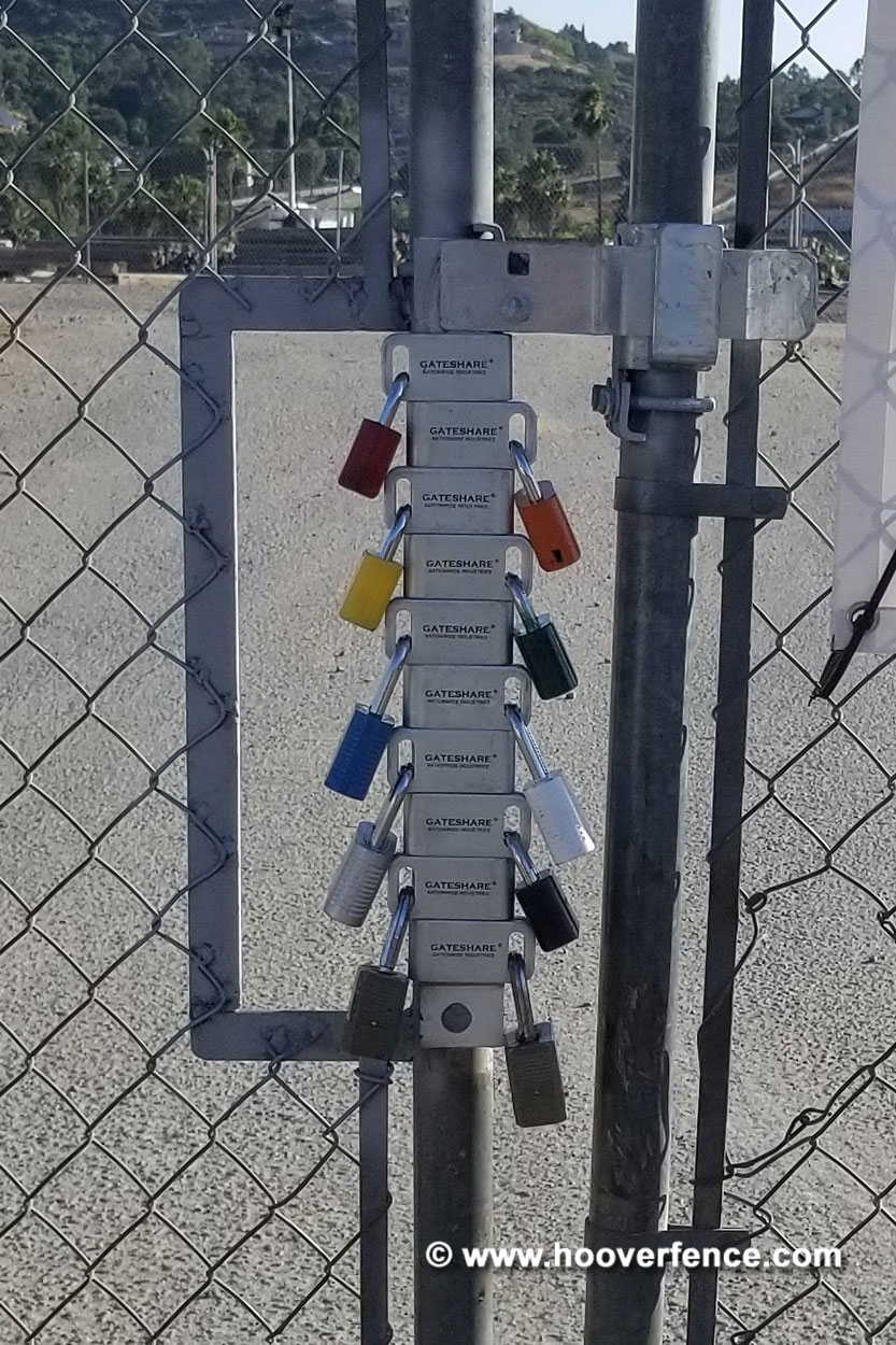 Customer Photo - Chain Link Double Rolling Gate Secured with Gateshare 10-Padlock Multi-User Latch