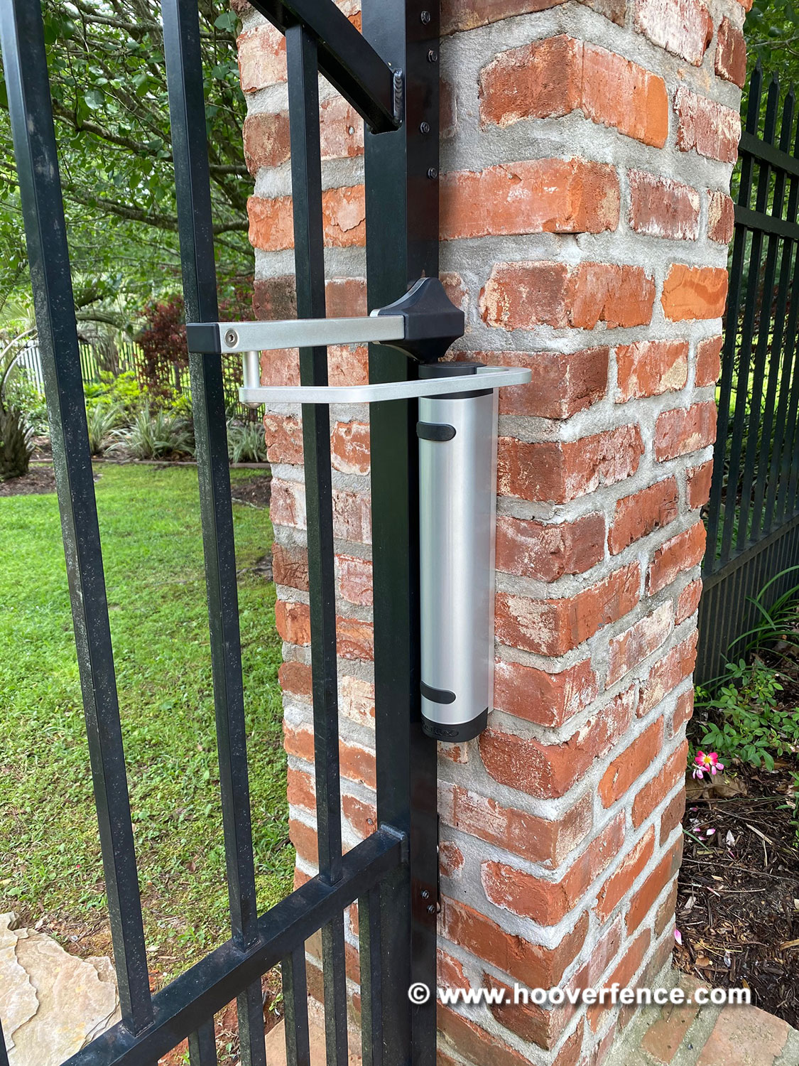 Customer Install - Locinox Verticlose-2-Wall Installed on Arched Metal Gate Mounted on Red Brick Columns - Baton Rouge, LA