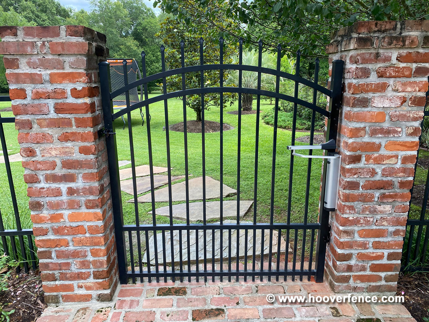 Customer Install - Locinox Verticlose-2-Wall Installed on Arched Metal Gate Mounted on Red Brick Columns - Baton Rouge, LA