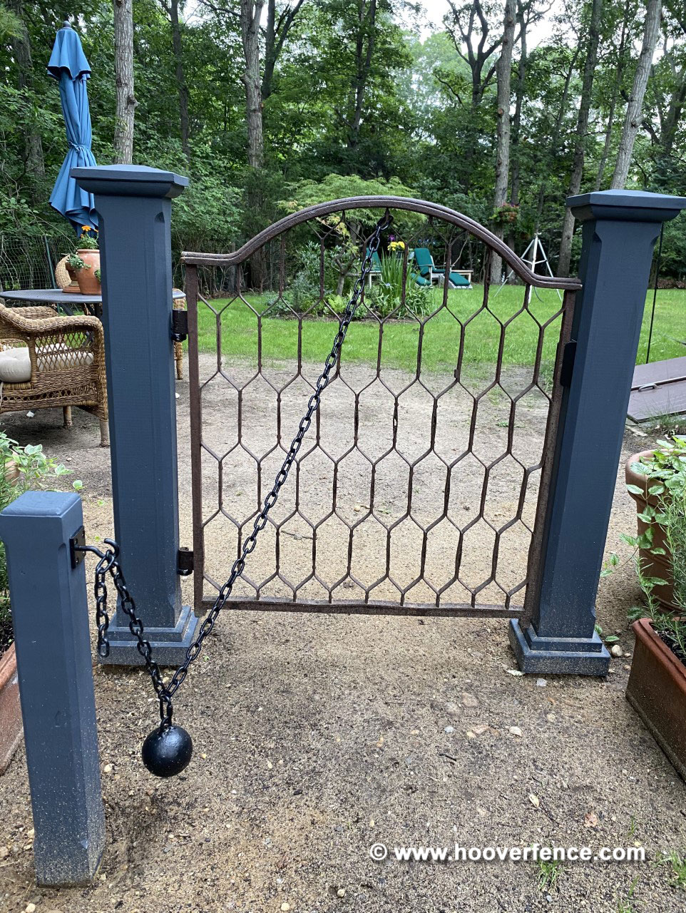 Customer Photo - Antique Metal Garden Gate Installed with Cannonball Gate Closer