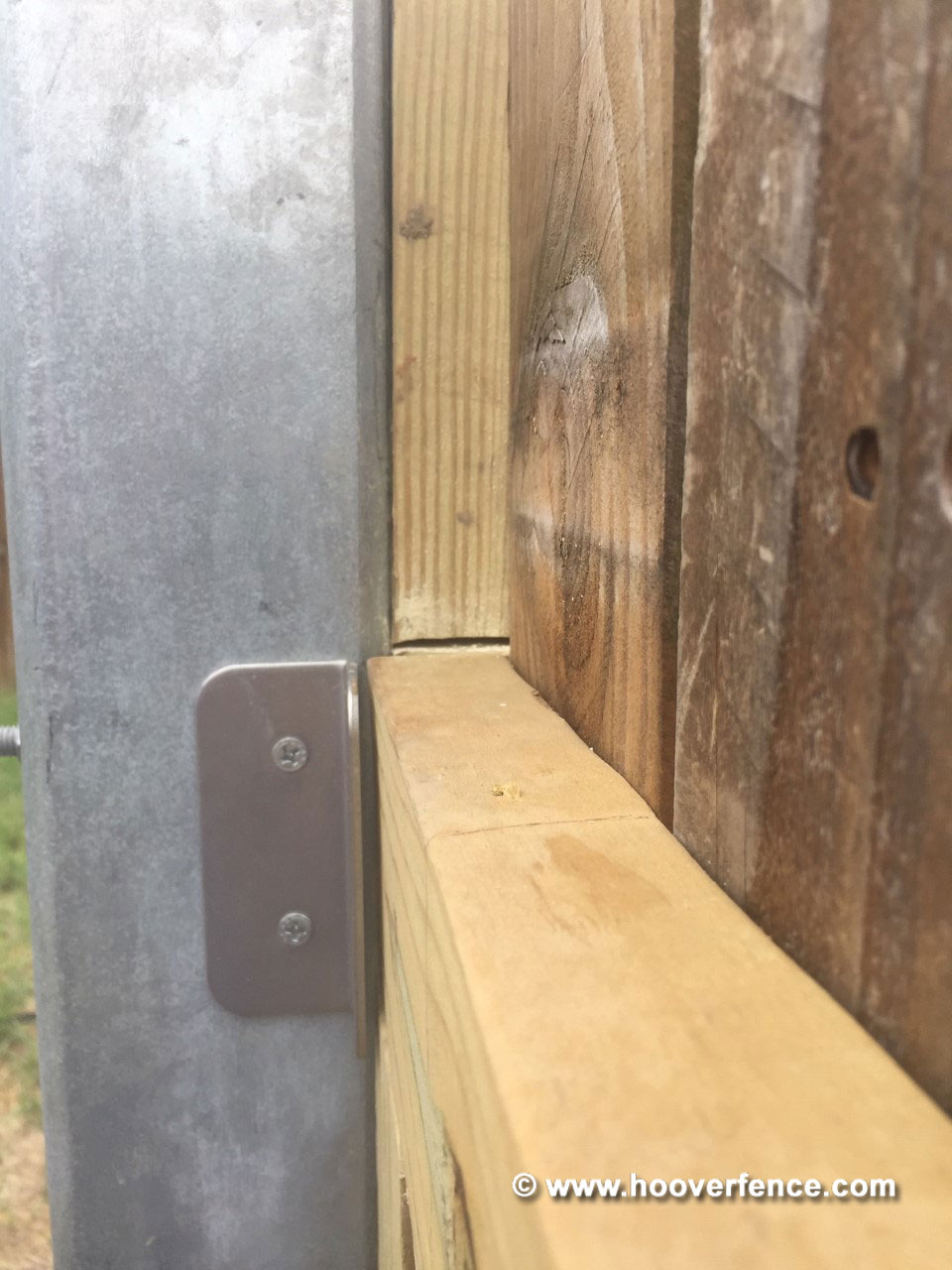 Customer Photo - Solid Dog Ear Wood Gates Hung on 4x4 Steel Posts Using Snug Cottage Hardware