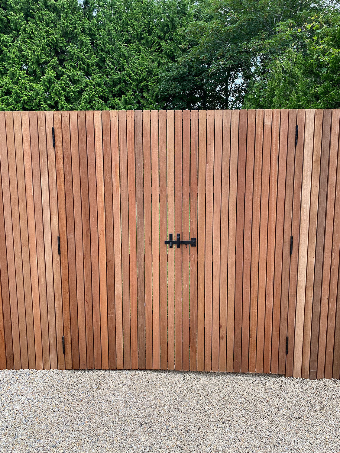 Customer Photo - Mahogany Privacy Fence With Snug Cottage Butt Hinges and Suffolk Gate Latches in Black - New York