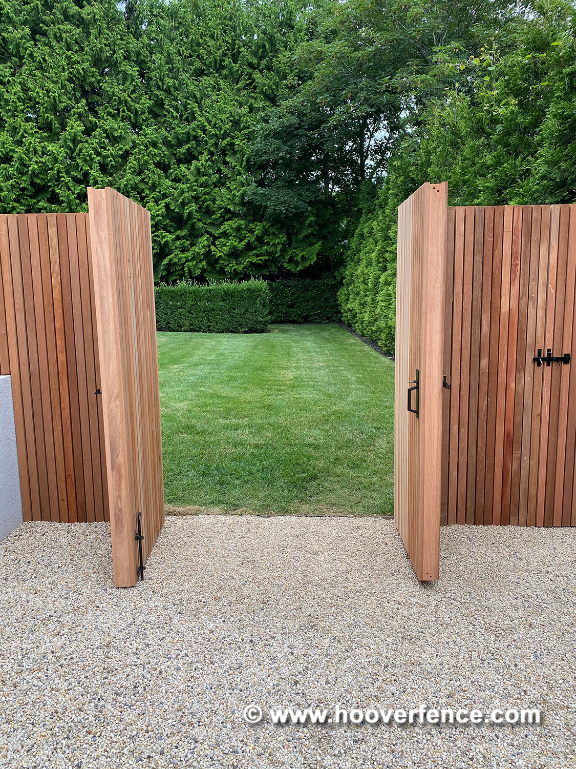 Customer Photo - Mahogany Privacy Fence With Snug Cottage Butt Hinges and Suffolk Gate Latches in Black - New York
