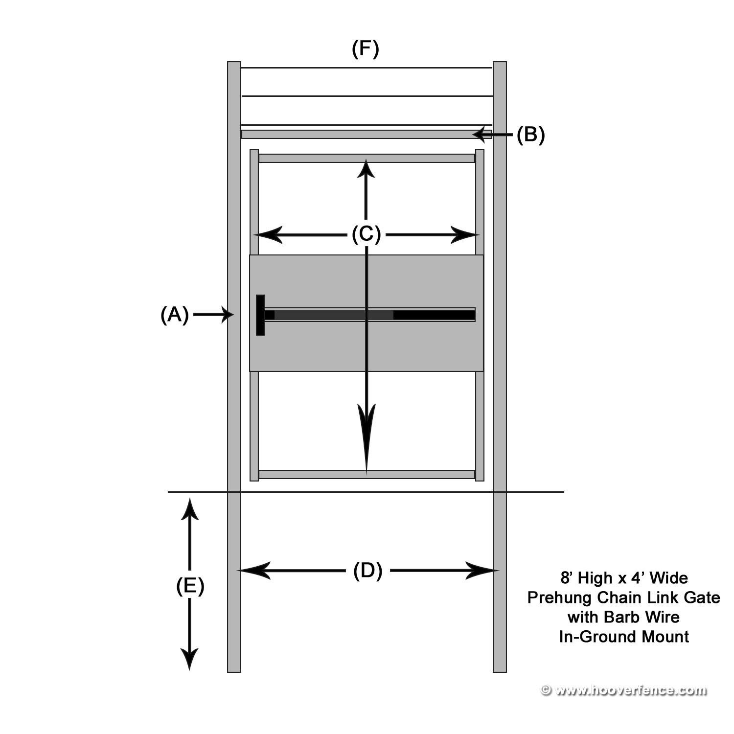 8' High x 4' Wide Panic Bar Chain Link Swing Gate with Barb Wire - Square Frame - In Ground Mount